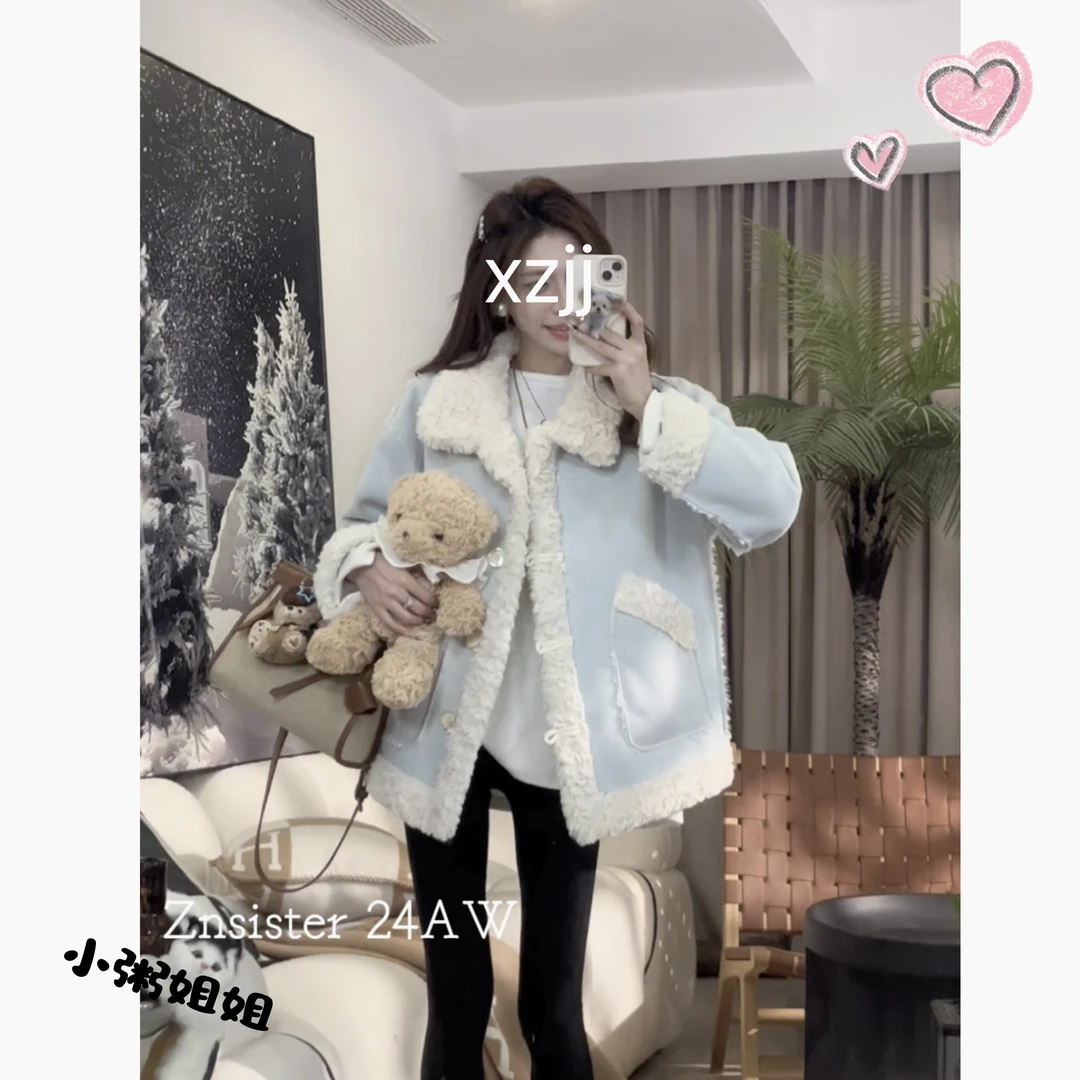 【XZCH2】2024冬季新款两面穿麂皮蓝色皮毛一体加厚保暖短外套女