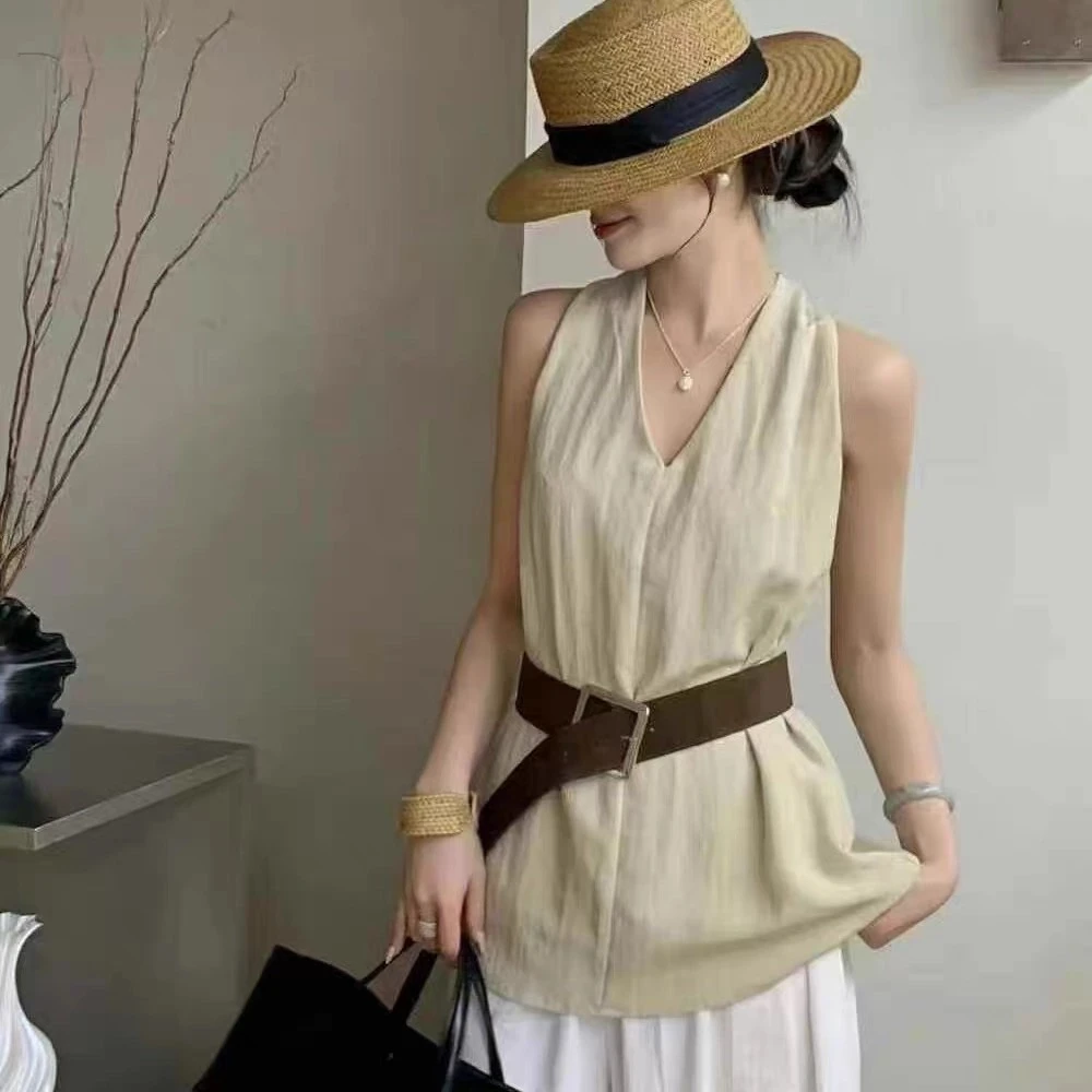 法式修身辣妹背心显瘦吊带衬衫腰带无袖上衣夏季宽松时尚百搭收腰