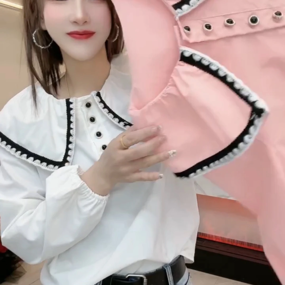 洋气设计法式娃娃领衬衫女长袖宽松显瘦气质时尚上衣
