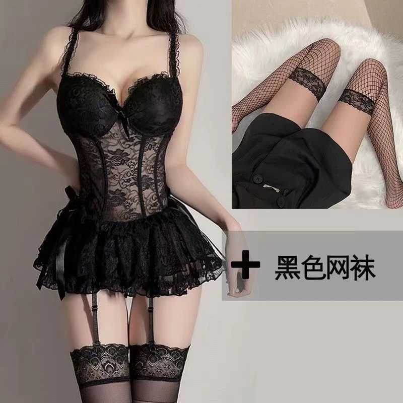 睡衣带胸垫蕾丝睡裙套装钢圈小胸聚拢黑色性感显瘦网红