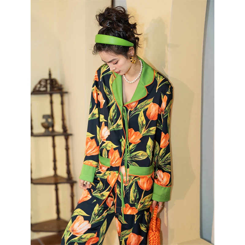 蜜糖郁金香睡衣女套装春秋新款复古浪漫两件套家居服可外穿