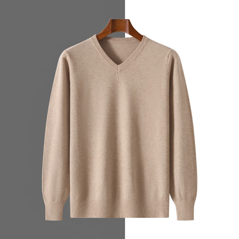 2025新款100%纯羊毛衫男V领纯色休闲商务套头毛衣针织打底衫