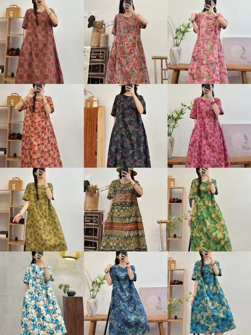 （均码）韩版宽松腰圆领套头印花连衣裙女装长款碎花棉麻裙子显瘦