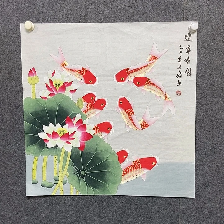 国画四尺斗方工笔荷花一副