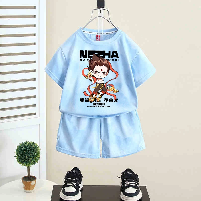 爆款哪吒套装卡通动漫扎染童装夏季套装短袖短裤T恤中小童两件套