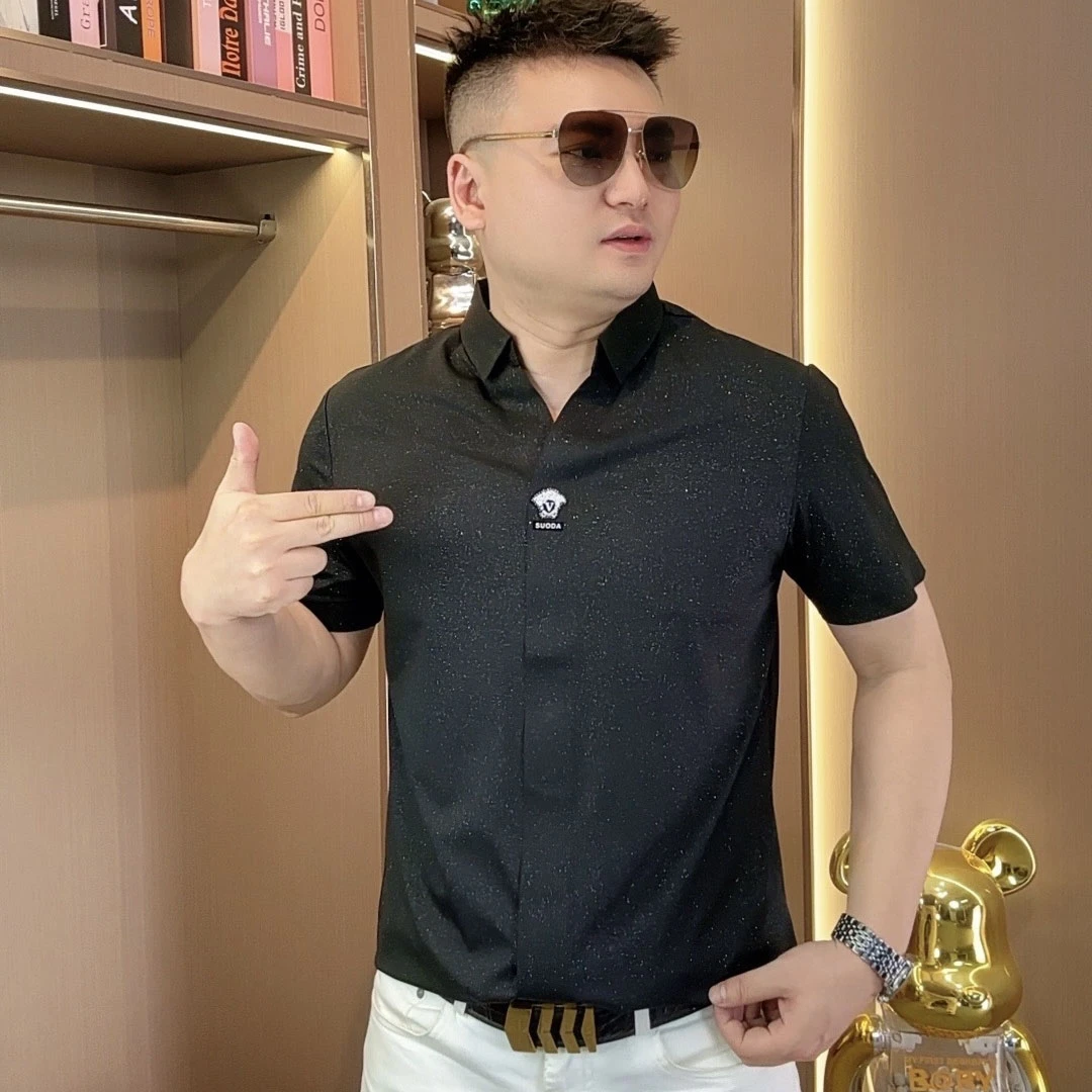 2025简约时尚夏季短袖翻领T恤商务休闲纯色个性满天星气质半袖T恤