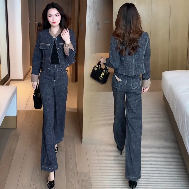 时尚休闲牛仔套装女2025春季新款洋气显瘦短外套阔腿裤气质两件套