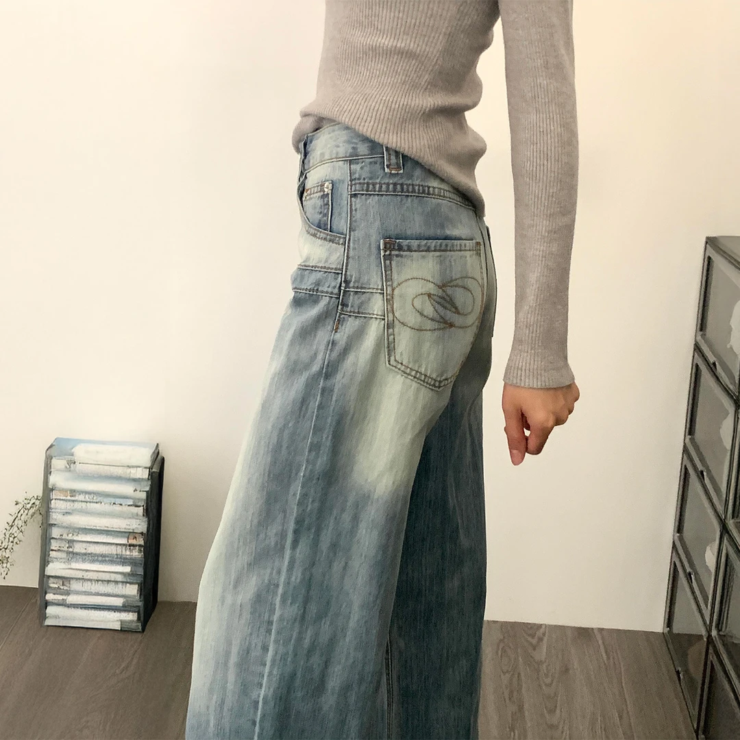 美式复古阔腿刺绣牛仔裤女秋冬新款大码胖mm高腰显瘦宽松拖地裤子