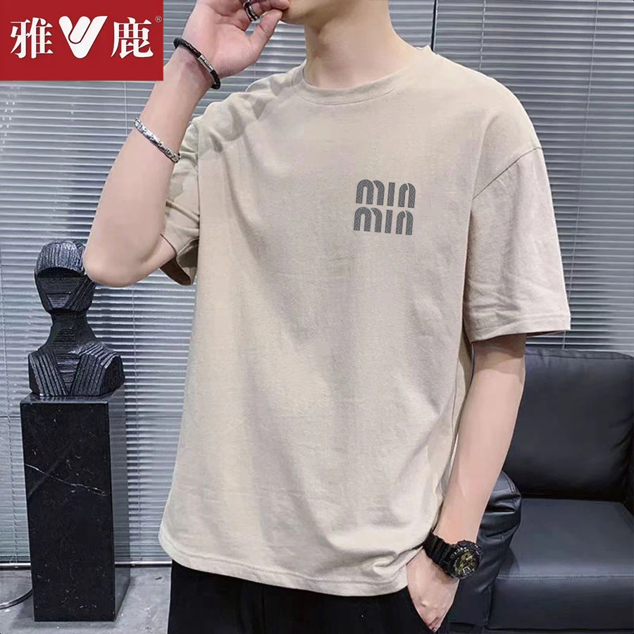 雅鹿春夏季纯棉T恤潮流ins薄款修身短袖时尚半袖印花情侣百搭圆领