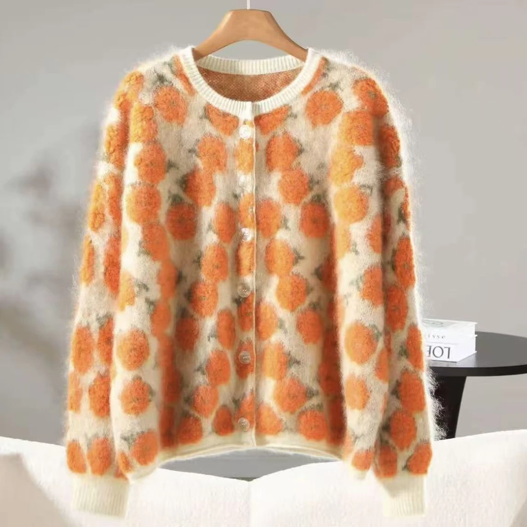 秋冬重工加厚山羊绒拉绒圆领领针织衫开衫女式长袖休闲宽松外套