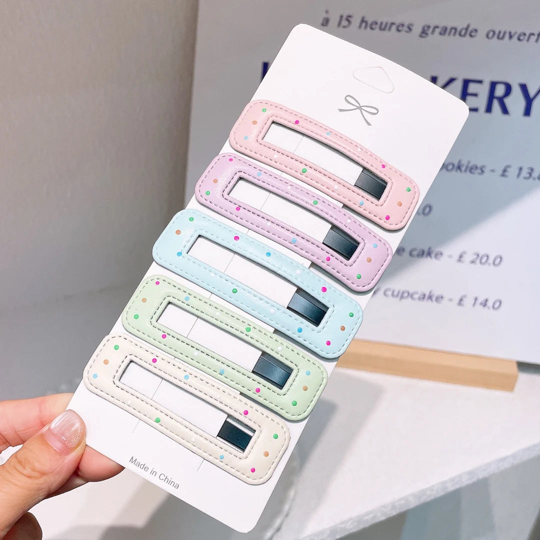 A-8367（满10米飞）5个马卡龙色方块波点皮质后脑勺碎发掰掰夹 发圈