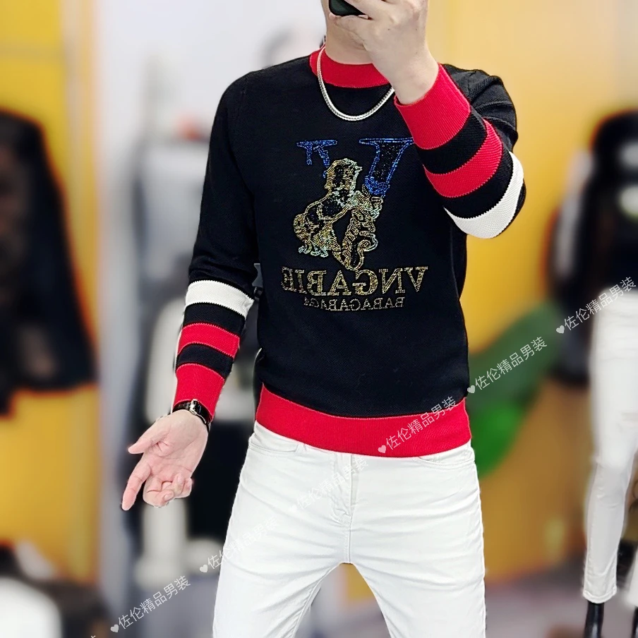 8172欧洲站冬季新款时尚修身百搭经典男士烫钻毛衣