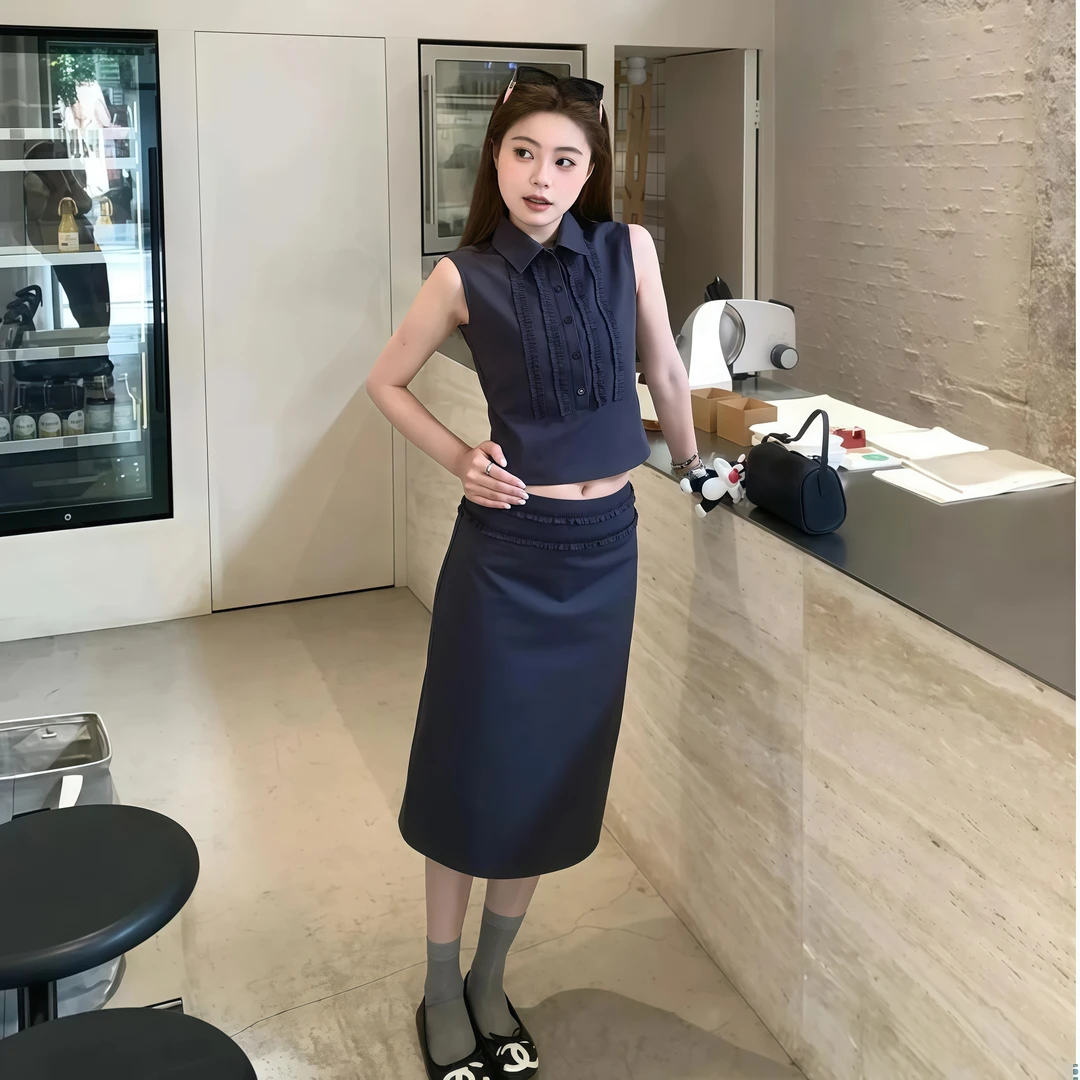 夏季韩系通勤风女套装小个子花边压褶无袖衬衫背心女高级感半身裙