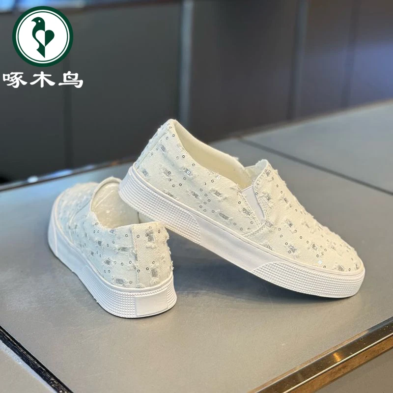 啄木鸟男鞋爆款潮流透气男士痞帅帆布鞋时尚小白鞋一脚蹬休闲板鞋