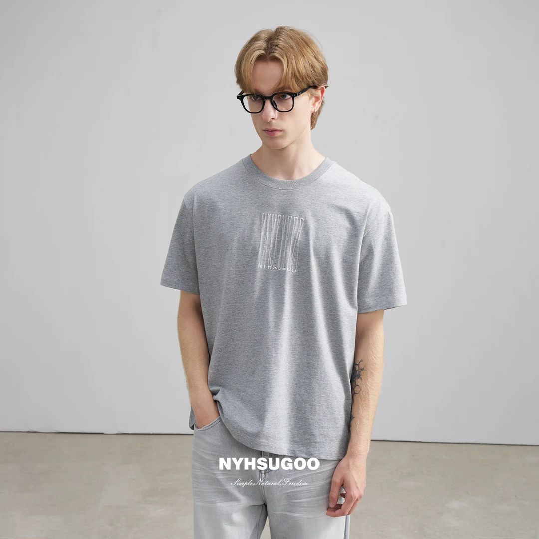 NYHSUGOO/南乙夏季100%棉刺绣短袖T恤男士圆领百搭3630基础上衣
