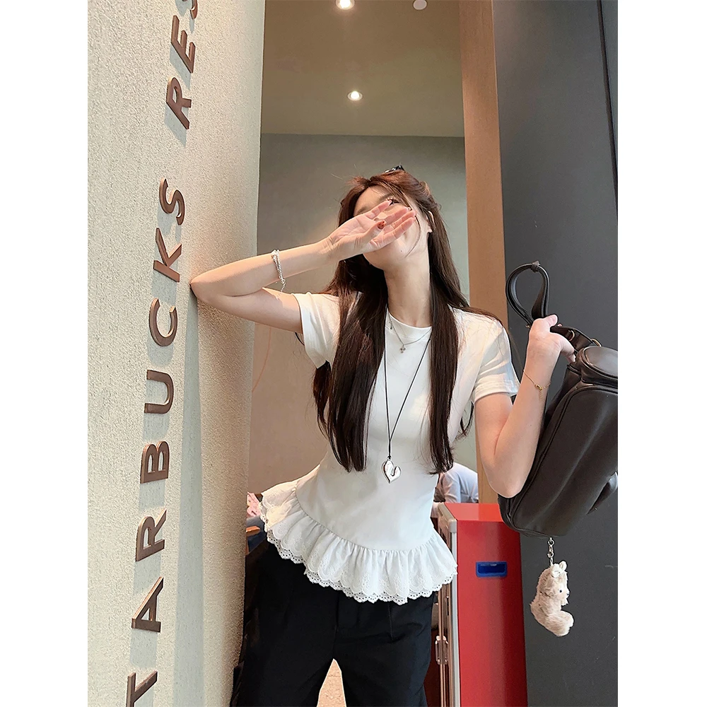 两色下摆蕾丝拼接短袖T恤女百搭显瘦圆领上衣春法式小众打底35939