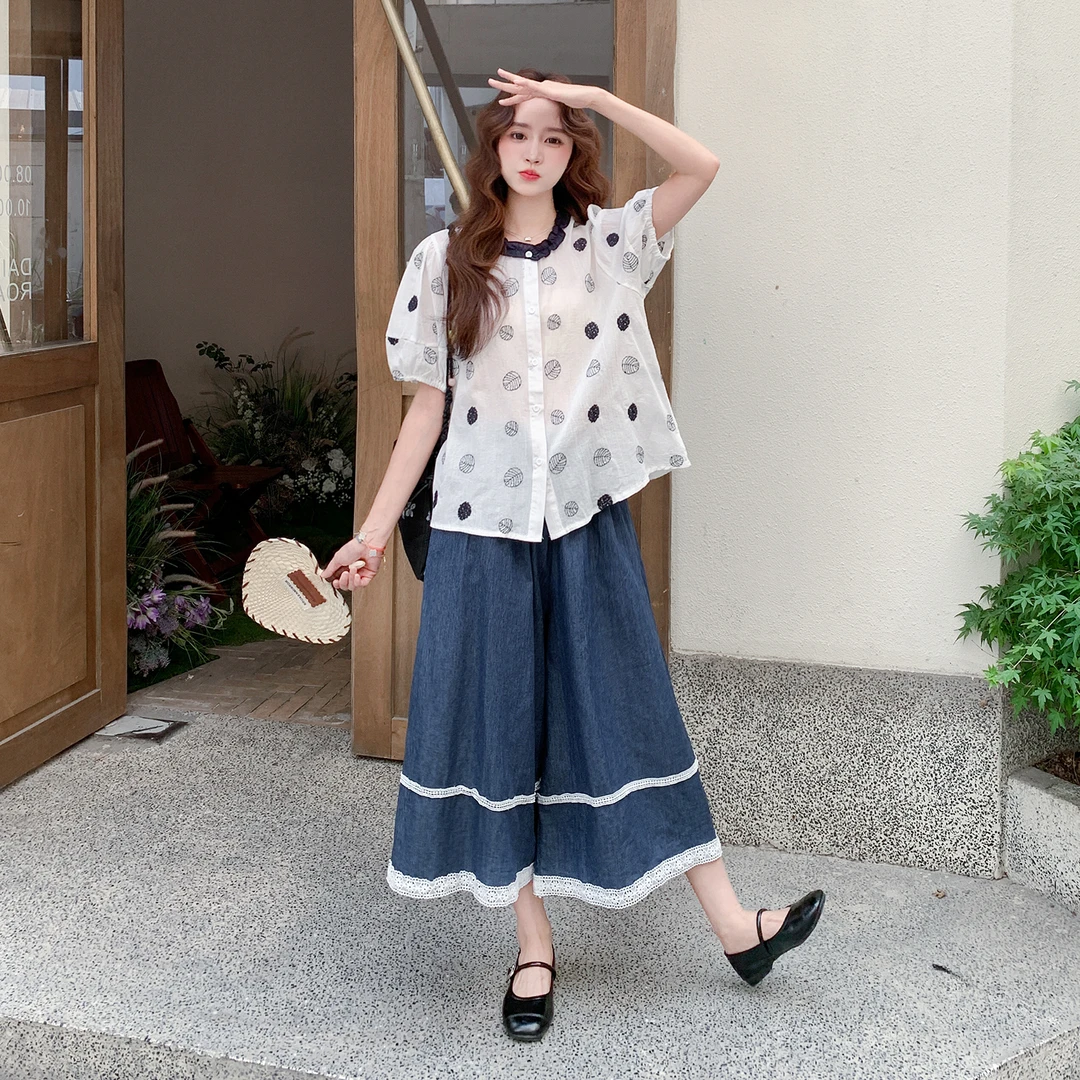 韩系减龄穿搭套装裤女2025夏设计感泡泡袖上衣蕾丝花边裙裤两件套