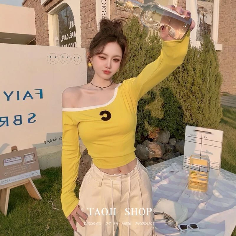 美式甜辣妹拼色字母印花长袖T恤女2025春季新款短款修身斜肩上衣