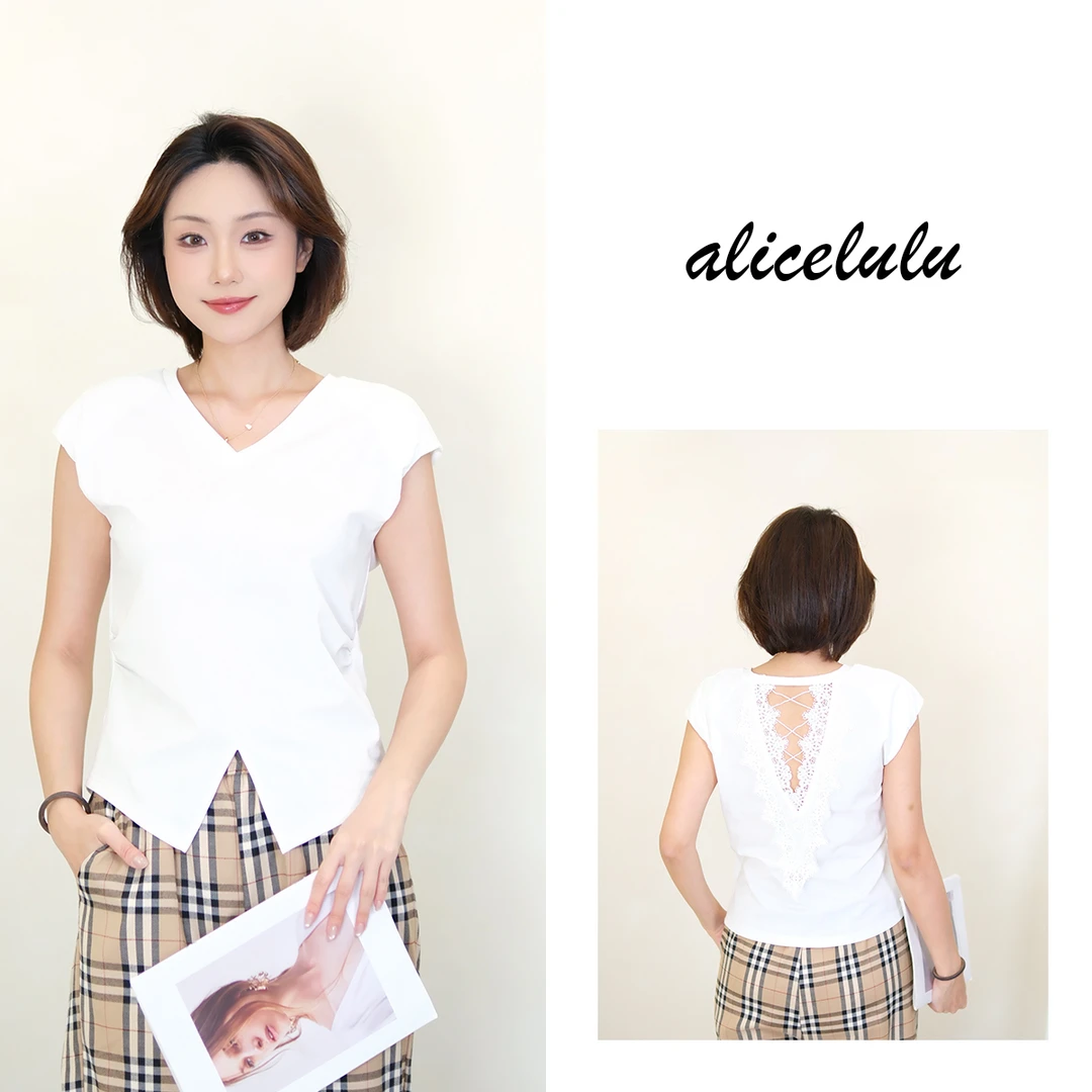 [alicelulu]小众设计感镂空蕾丝V领露背无袖T恤S1035023T