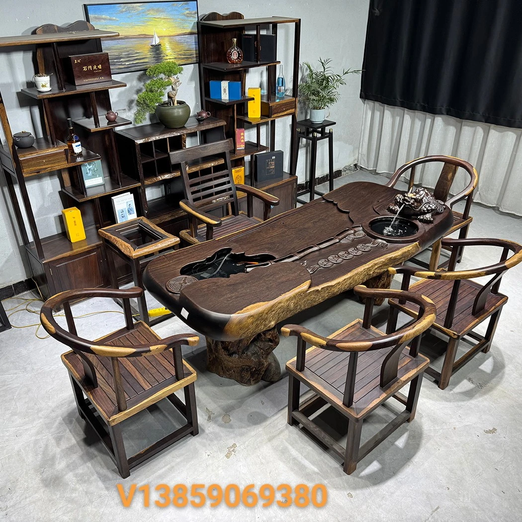 实木大板黑檀茶桌椅组合新中式老板办公桌整块茶桌茶台大板桌