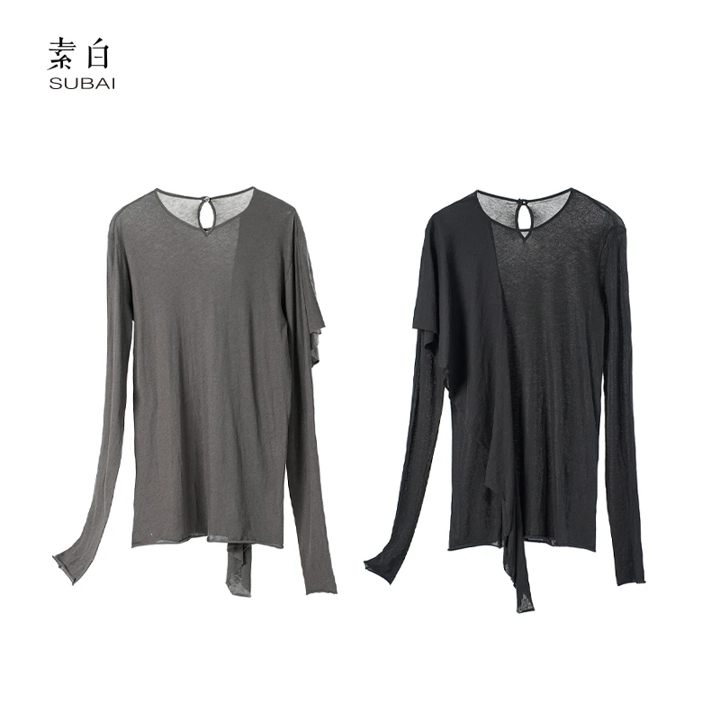 素白设计感802791羊毛长绒棉设舒适亲肤长袖T恤