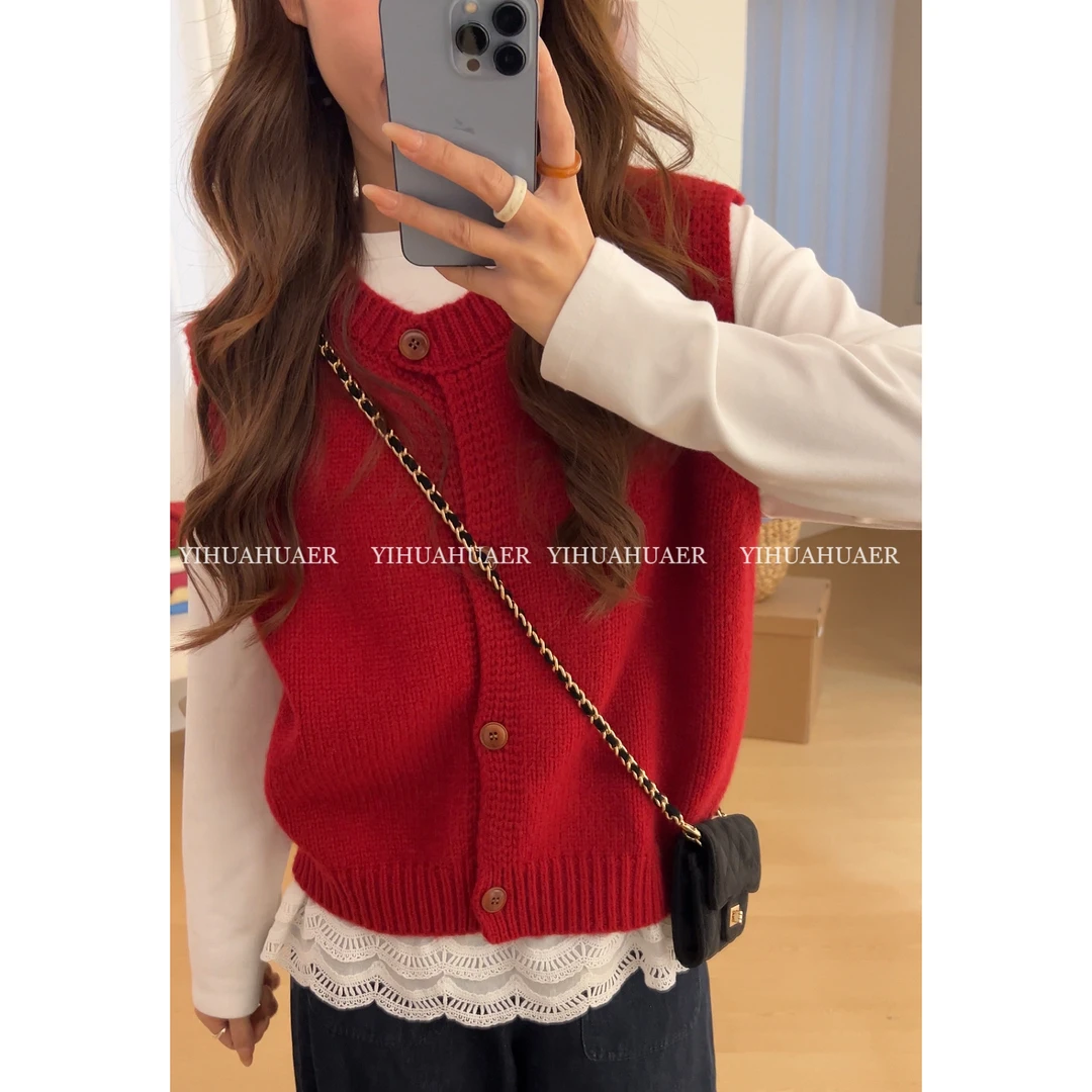 B韩国原单【红信封】东大门韩系单排扣纯色设计感开衫洋气马甲2153