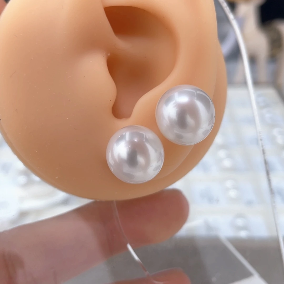 定制海水珍珠耳饰18K金镶嵌12-13澳白素钉