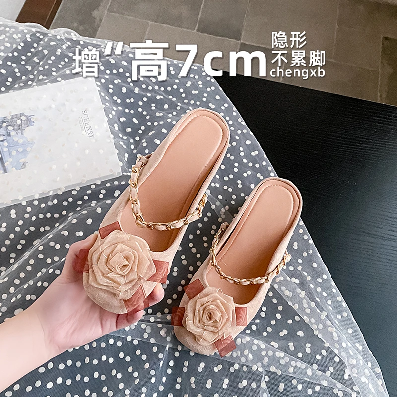 【葡萄茵】内增高7cm山茶花包头半拖女玛丽珍单鞋晚风法式凉拖鞋