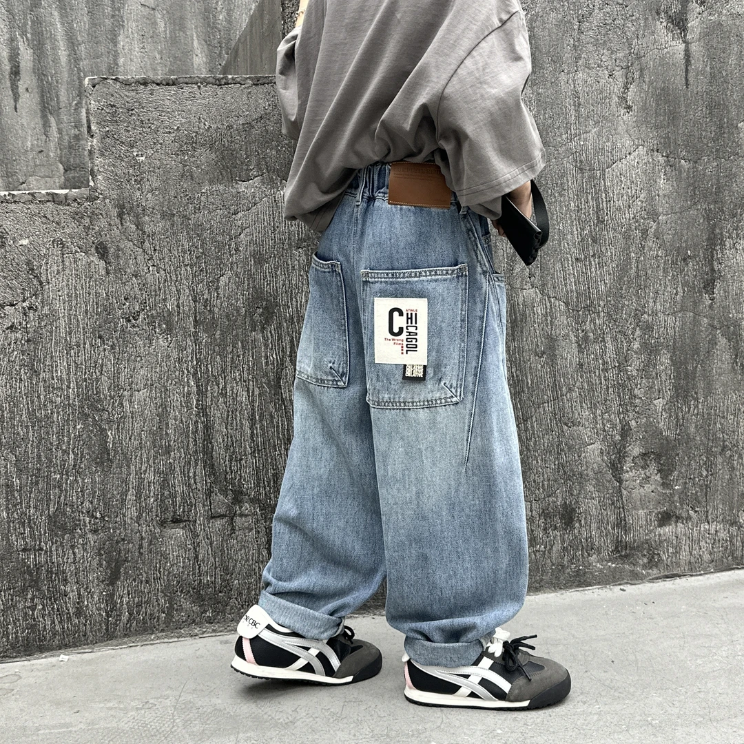 Y【睿轩】春秋款韩版高街直筒新款美式贴标C个性儿童牛仔裤CK620