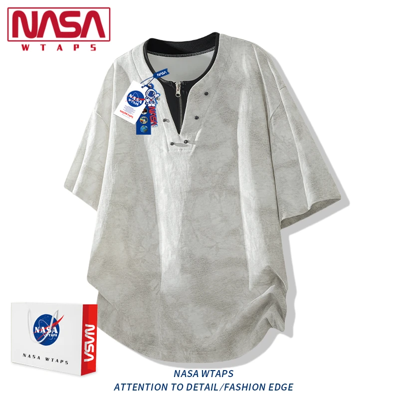 NASA WTAPS美式扎染短袖T恤男士夏季设计感半拉链痞帅高街体恤潮