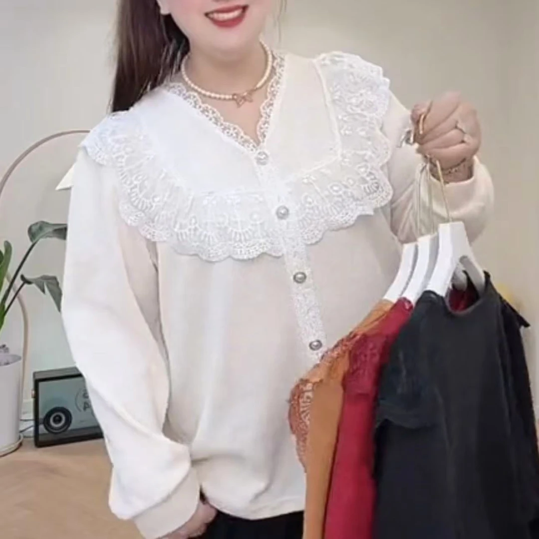 胖胖家*8566新款蕾丝拼接V领百搭显瘦上衣