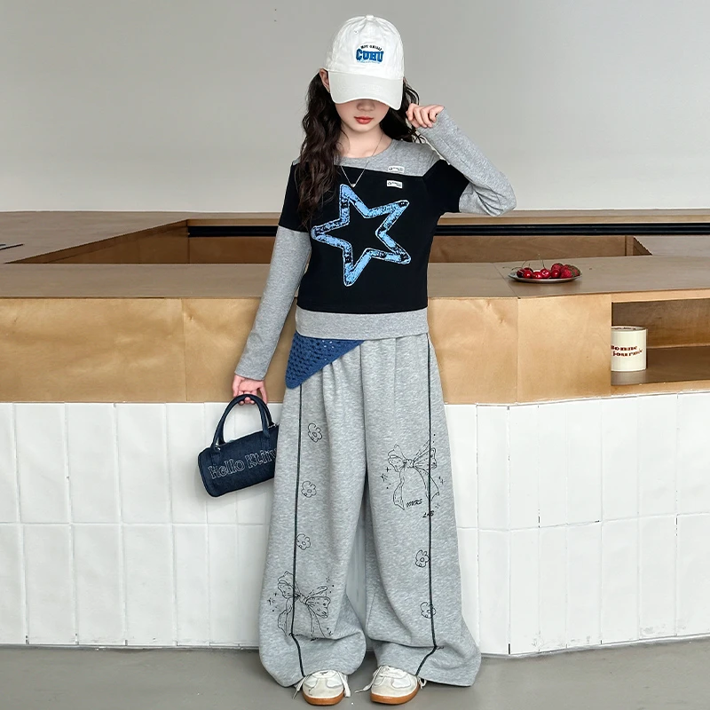 初中学生穿搭一整套女童开学季穿搭星星长袖卫裤儿童秋季套装洋气