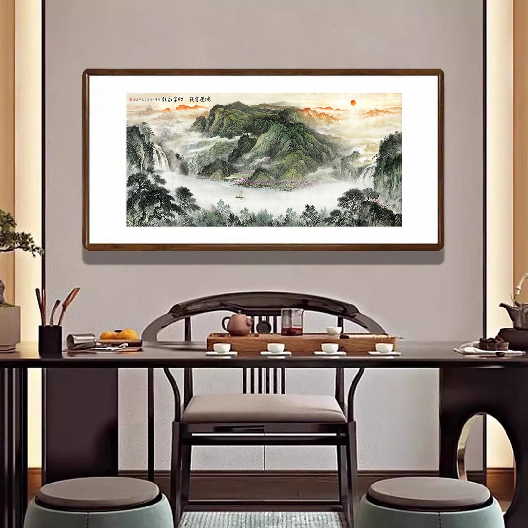 鸿运当头聚宝盆挂画国画山水画新中式客厅装饰画办公室靠山图壁画