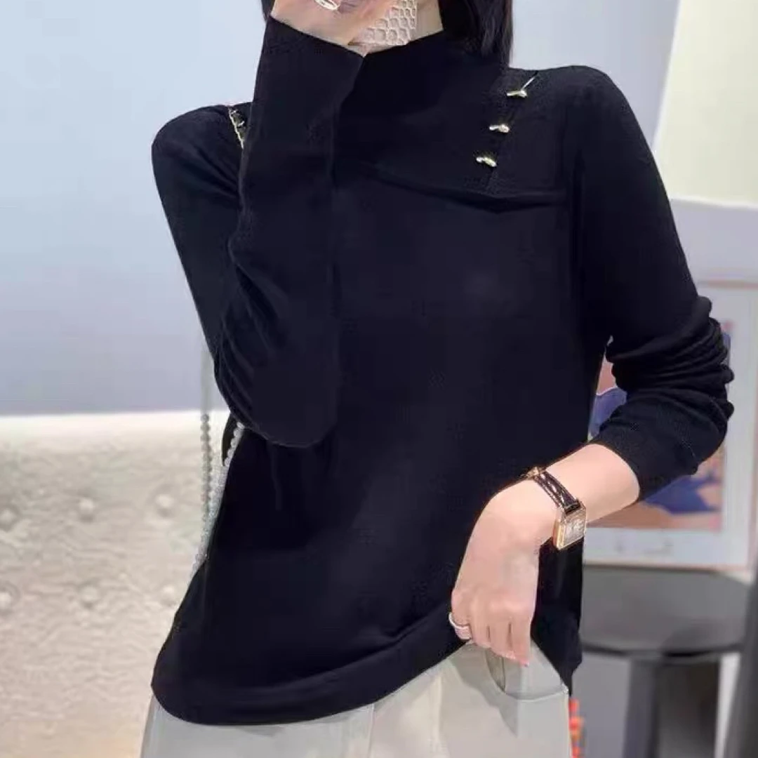 【女人家】25822秋季新款设计感半高领长袖T恤显瘦百搭打底衫上衣