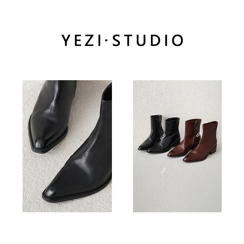 【布朗尼】复古新款水洗马皮粗跟尖头设计水洗褶皱切尔西靴25449057