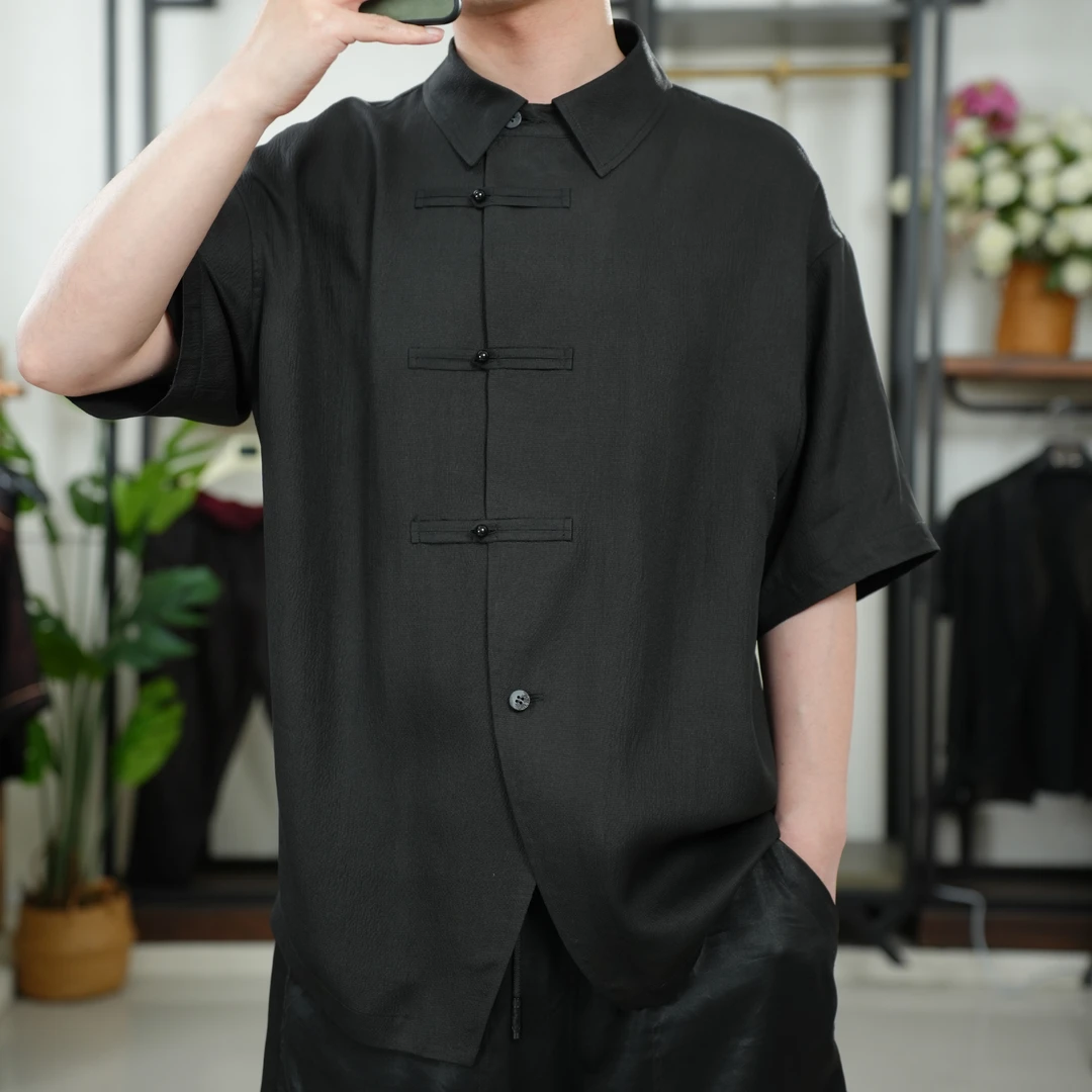 珍珠缎香云纱100%桑蚕丝休闲新中式国风翻领斜襟落肩衬衫五分袖