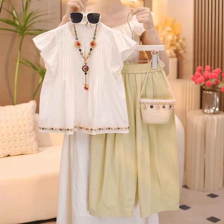 女童飞袖娃娃衫休闲裤套装夏款2025新款儿童花边领T恤防蚊阔腿裤t