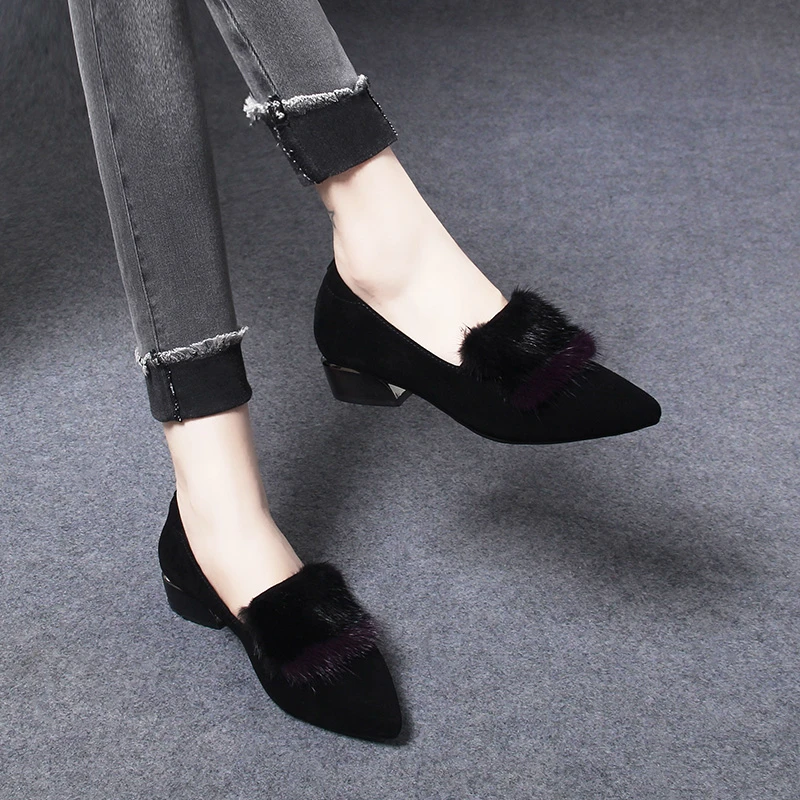 KRD5338新款超软羊皮不累脚尖头加绒单鞋女毛毛鞋秋冬季女士皮鞋