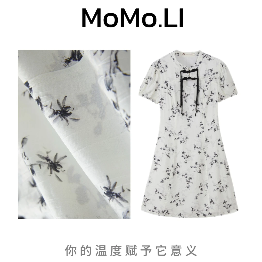 MoMoLI 夏季新款新中式国风旗袍连衣裙盘扣镂空设计印花短连衣裙