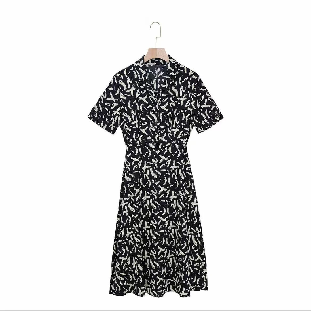 100%桑蚕丝腰带款翻领短袖连衣裙25DAK0672