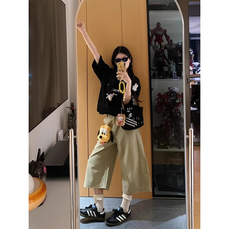 韩版潮流卡其色七分牛仔短裤女夏季2025新款高腰显瘦宽松阔腿中裤