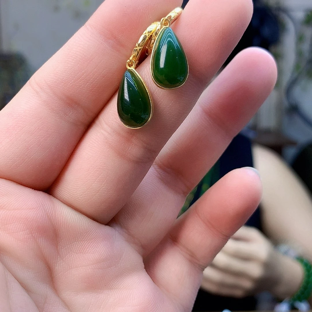 和田玉（碧玉）银S925镶嵌吊坠(不含链)耳钉