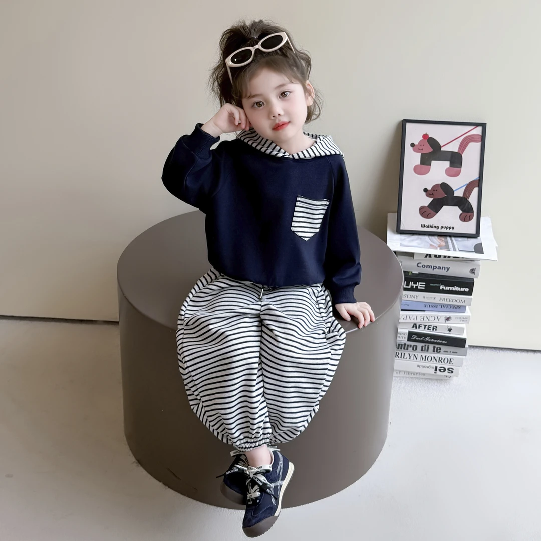 女童套装洋气运动条纹儿童连帽休闲卫衣两件套小女孩宝宝春秋装潮