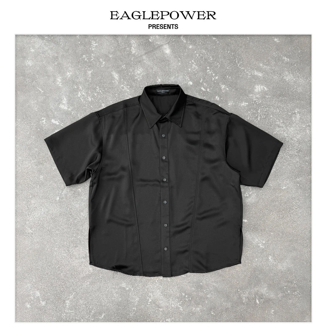 EPOWER 仿醋酸丝滑亲肤面料分割骨位线立体剪裁凉感黑色衬衫