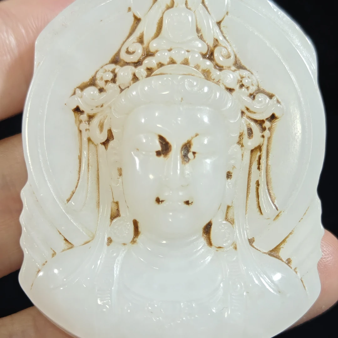 旧藏天然和田玉观音玉牌吊坠挂件63克68*45*13mm
