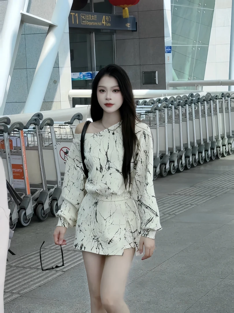 休闲大理石纹气质露肩长袖上衣女+半身裙两件套套装E82903