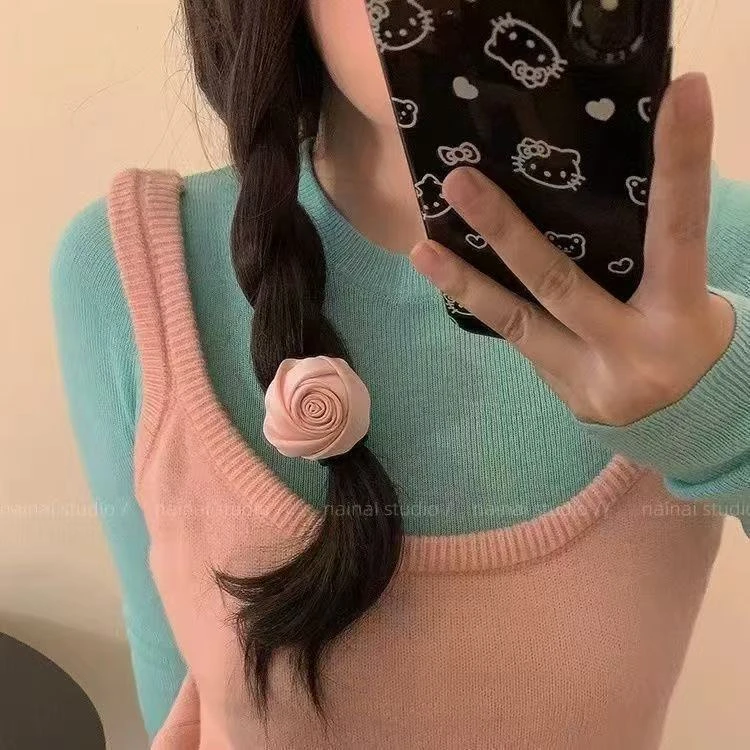 迷人玫瑰!法式缎面玫瑰花发圈!马尾头绳复古高级感皮筋发绳发饰