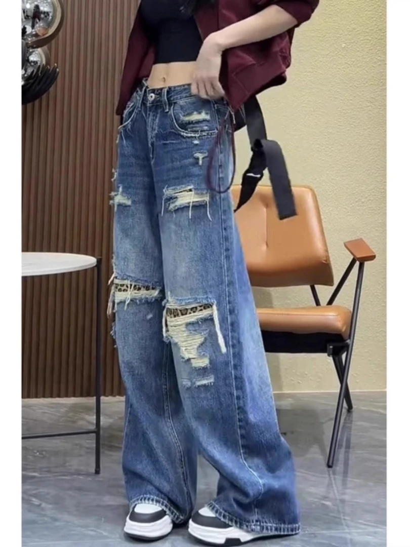 显瘦高腰阔腿裤牛仔裤子女春季新款梨形身材胖mm直筒弯刀裤小个子