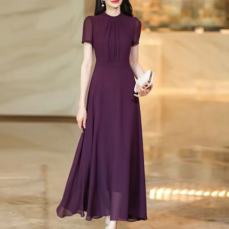 紫色大摆立领连衣裙2025年夏季收腰显瘦高级感气质连衣裙