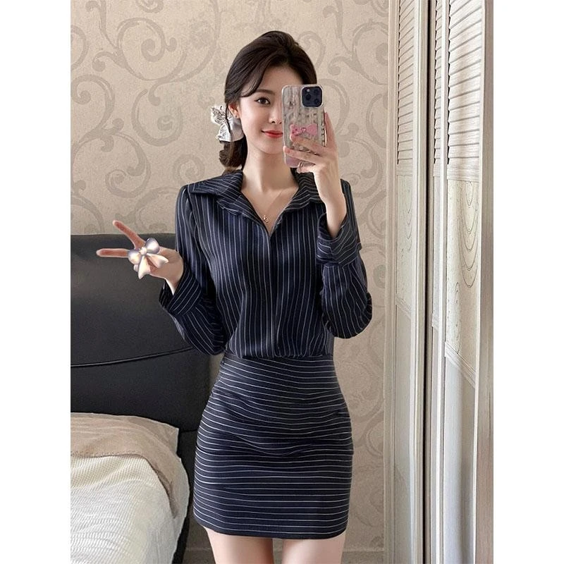 法式气质别致绝美条纹长袖衬衣连衣裙新款收腰修身显瘦复古包臀裙